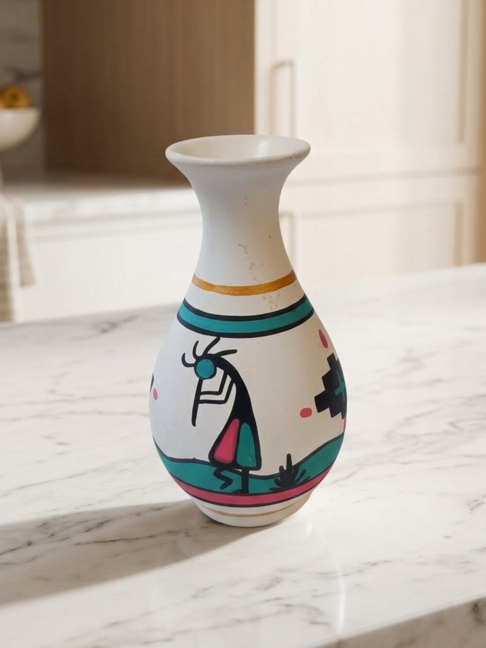 Vintage Kokopelli Southwestern Hand Painted Ceramic Bud Vase 5" Turquoise Pink
